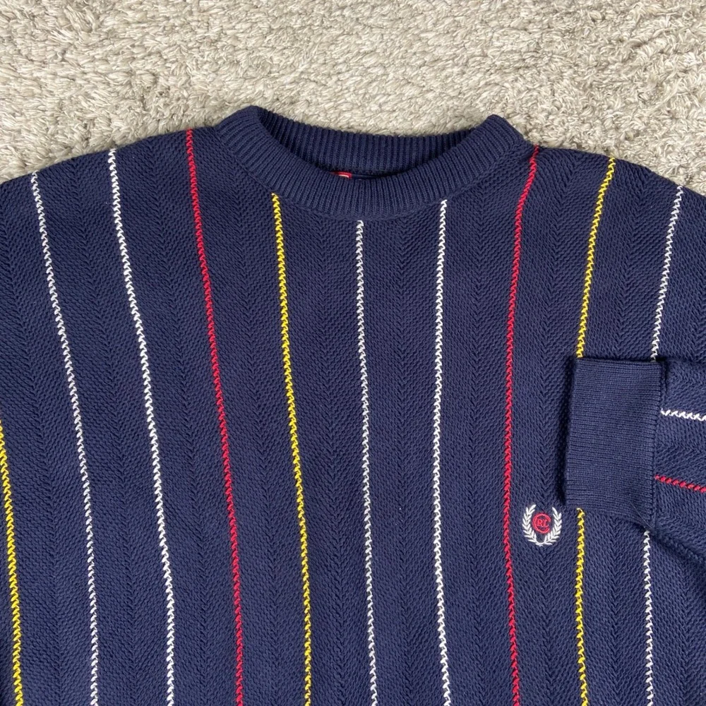 Vintage Ralph Lauren Chaps Sweater Mens M Navy Blue Stripe Herringbone Knit USA